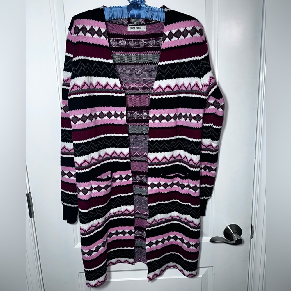 Grace Karin Fair Isle Knit Cardigan Burgundy Pink Black Open Front Medium